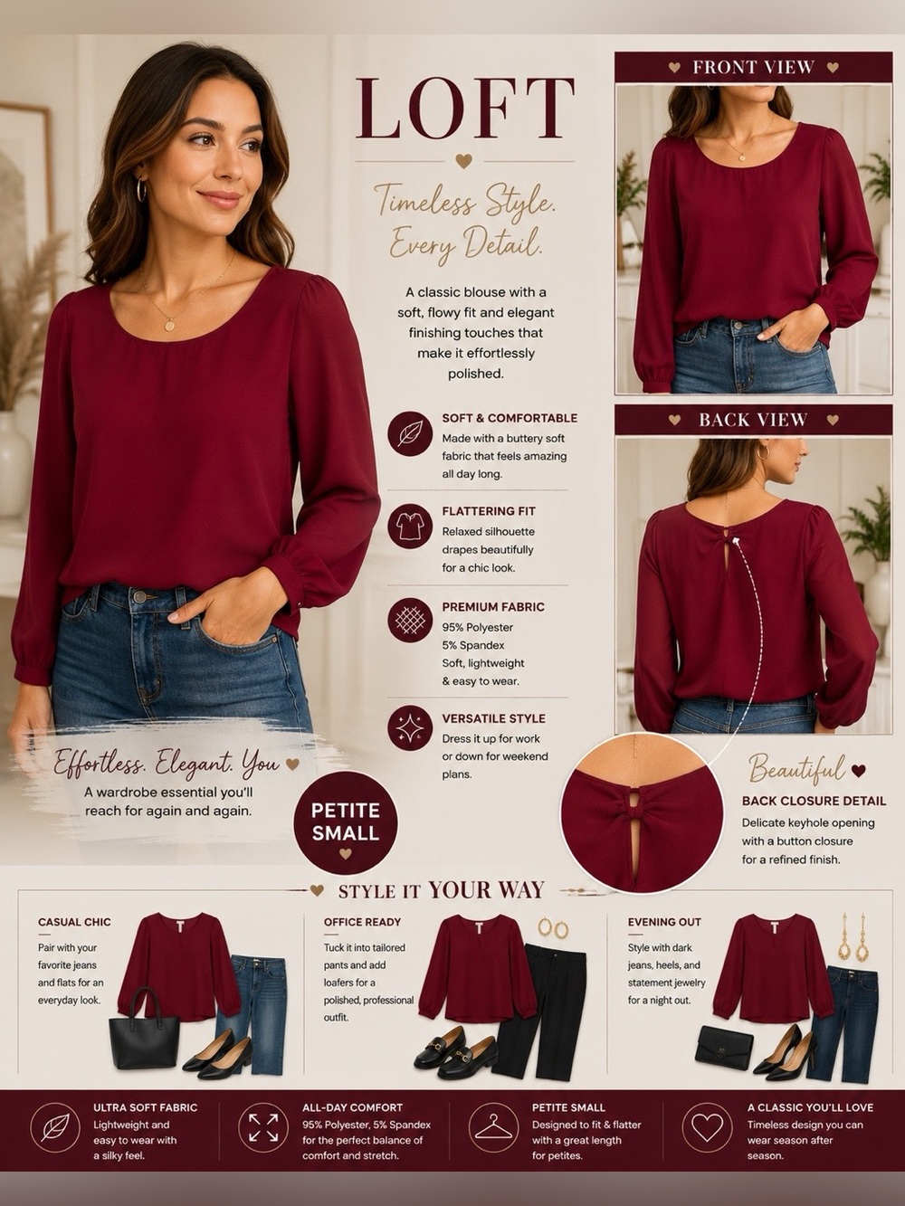 ❤️ LOFT Red Long Sleeve Scoop Neck Blouse